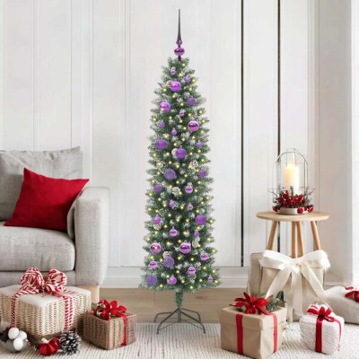 vidaXL Copac Artificial Slăb de Crăciun cu 150 LED Verde și alb 150 cm 3395287 foto