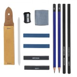 Set Schițe 12 Bucăți, 2 Creioane Grafit, 2 Creioane Cărbune, 2 Pasteluri Ulei, 2 Bețe Cărbune, Radieră Blending, Radieră, Ascuțitoare Specială, Radier