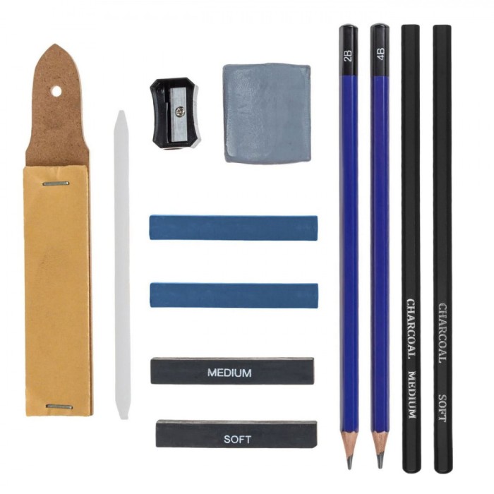 Set Schițe 12 Bucăți, 2 Creioane Grafit, 2 Creioane Cărbune, 2 Pasteluri Ulei, 2 Bețe Cărbune, Radieră Blending, Radieră, Ascuțitoare Specială, Radier
