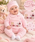 Cumpara ieftin Costumas bumbac bebelusi 3 piese roz cu buline si imprimeu ursulet si iepure