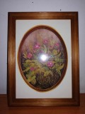 Tablou Ilustratie buchet flori florala ovala in rama lemn cu sticla 20x15 cm