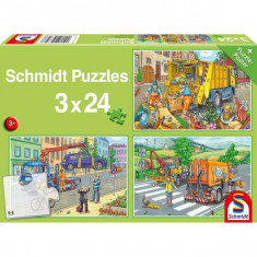 Puzzle Schmidt: Mașină gunoi, remorcher și măturator, set de 3 puzzle-uri x 24 piese + cadou: poster