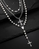 Set 3 Coliere Inox Argintii Rozariu cu Perle, Lant cu Cruce si Choker cu