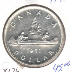 SV * Canada ONE DOLLAR / 1 DOLAR 1951 23.3 grame ARGINT .800 AUNC+ foto