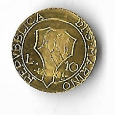 Moneda replica 10 lire 1937, miniatura, suvenir - San Marino, aur 0,375%, 0,4 g