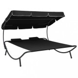 vidaXL Pat Șezlong Dublu Exterior cu Baldachin și Perne, Negru, 200x173x135 cm, Oțel &amp; Oxford, Rezistent la Intemperii
