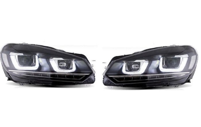 Set faruri VW GOLF VI (5K), 10.2008-, dynamic indicator; lense; cu LED daytime running light; H7+H7; manual; negru; fara becuri; TUNING; Omologare EC