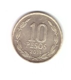 Moneda Chile 10 peso 2013, stare foarte buna, curata, America Centrala si de Sud, Bronz-Aluminiu