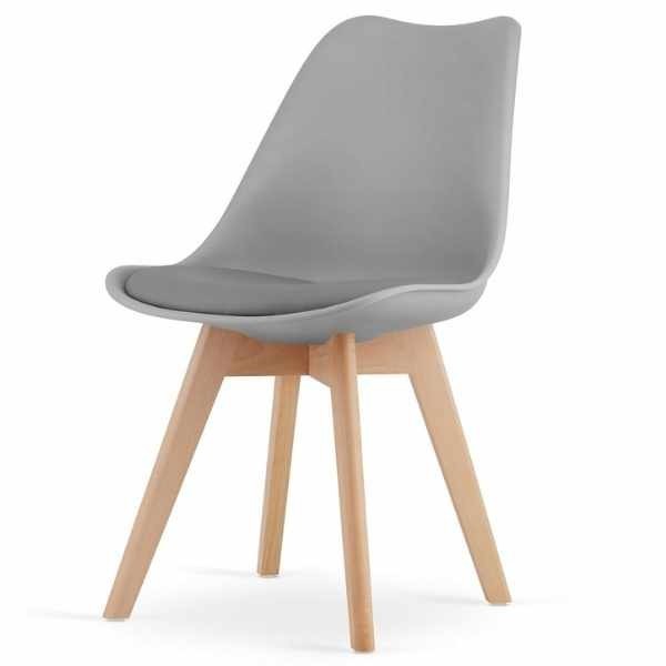 Scaun Grosseto, Stil Scandinav cu Picioare din Lemn, Sezut din PP si Perna din Piele Ecologica, Maxim 120 Kg, 49 x 45 x 82 cm, Gri Deschis