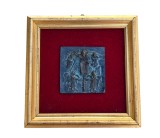 Replică Bronz Vintage Scena Isus Judecata de Apoi, după Poarta San Zeno Verona, 18x18cm, Ramă Lemn Aurie, Catifea Roșie
