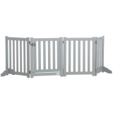 PawHut Barieră de Siguranță C&acirc;ini Pliabilă cu Dublă Față din Lemn, 4 Panouri cu Ușă, Picioare de Suport, 205 x 60 cm, Gri | Aosom Romania