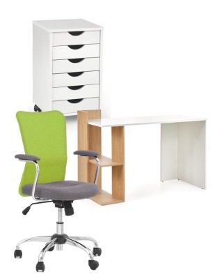 Set birou copii HM Fino, PAL Melaminat, rafturi, stejar auriu alb cu scaun HM Andy verde, mesh, 102 kg si dulapior rulant HM Simon 2, cu roti, front M foto