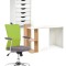 Set birou copii HM Fino, PAL Melaminat, rafturi, stejar auriu alb cu scaun HM Andy verde, mesh, 102 kg si dulapior rulant HM Simon 2, cu roti, front M