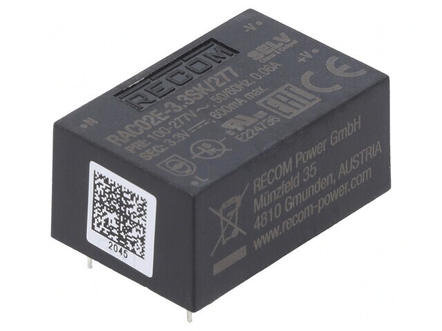 Convertor AC/DC 2W 85-305VAC la 3.3VDC 600mA 68% PCB 4000V