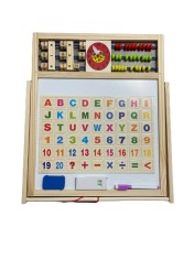 Tabla magnetica multifunctionala, 2 fete pentru scris cu numaratoare, litere si cifre magnetice, marker, creta colorata si burete, 45cmx38.5cm, 3+