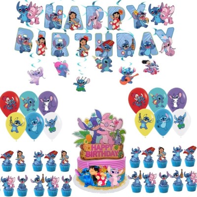 Set 34 Accesorii REDQUIT de Petrecere Aniversara Baby Stitch , 18 Baloane, 1 Banner Happy Birthday, 24 Cupcake Topper, 1 Topper Tort foto