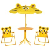 Outsunny Set de Grădină 4 Piese pentru Copii cu Model Tigru și Măsuță Rotundă, 2 Scaune Pliabile și o Umbrelă Reglabilă, Măsuță cu Scaune pentru Copii