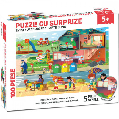 Puzzle cu surprize - Evi si Purcelus fac fapte bune (100 piese) PlayLearn Toys foto