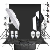 Kit studio foto video cu fundal negru profesional, 2 softboxuri, 2 umbrele, 2 becuri fluorescente 45W 5500K si 2 LED 150W, stative 200 cm si genti tra