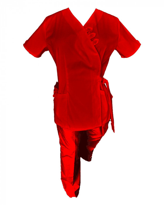 Costum Medical Pe Stil, Tip Kimono Rosu cu Elastan, Model Daria - M, XL