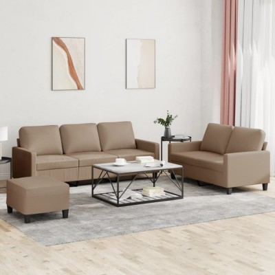 vidaXL Set de canapele cu perne, 3 piese, cappuccino, piele ecologică 3201427 foto