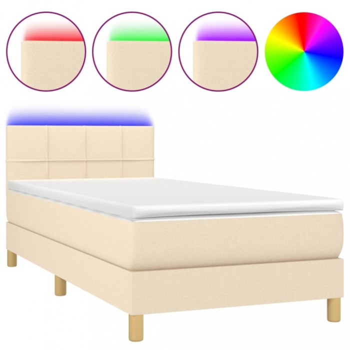 Pat cu arcuri, saltea si LED, crem, 100x200 cm, textil