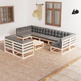 vidaXL Set mobilier grădină cu perne, 10 piese, lemn masiv de pin 3077259