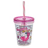 Pahar cu capac si pai pentru bauturi,Unicorn cu fundita,plastic,450 ml