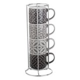Set 4 Cesti Cafea New Bone Gri cu Suport Metalic, 100ml, CMCLASS