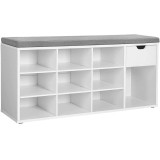 VASAGLE Banca de depozitare cu suport pentru pantofi, 10 compartimente si dulap, cu perna, 30x104x48cm, alb Household NewTrend