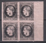 ROMANIA 1867 LP 20 c REGELE CAROL I CU FAVORITI 20 PARALE HARTIE SUBTIRE NEGRU/HARTIE ROZ BLOC DE 4 TIMBRE GUMA ORIGINALA SARNIERA