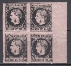 ROMANIA 1867 LP 20 c REGELE CAROL I CU FAVORITI 20 PARALE HARTIE SUBTIRE NEGRU/HARTIE ROZ BLOC DE 4 TIMBRE GUMA ORIGINALA SARNIERA