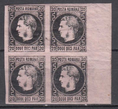 ROMANIA 1867 LP 20 c REGELE CAROL I CU FAVORITI 20 PARALE HARTIE SUBTIRE NEGRU/HARTIE ROZ BLOC DE 4 TIMBRE GUMA ORIGINALA SARNIERA foto