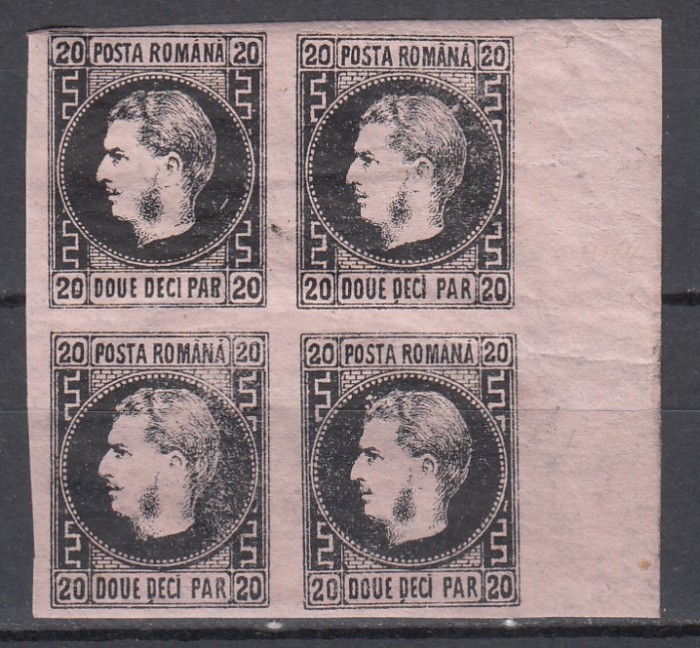 ROMANIA 1867 LP 20 c REGELE CAROL I CU FAVORITI 20 PARALE HARTIE SUBTIRE NEGRU/HARTIE ROZ BLOC DE 4 TIMBRE GUMA ORIGINALA SARNIERA