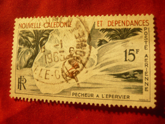 Timbru Noua Caledonie colonie franceza 1962 - Pescar- val.15fr. stampilat