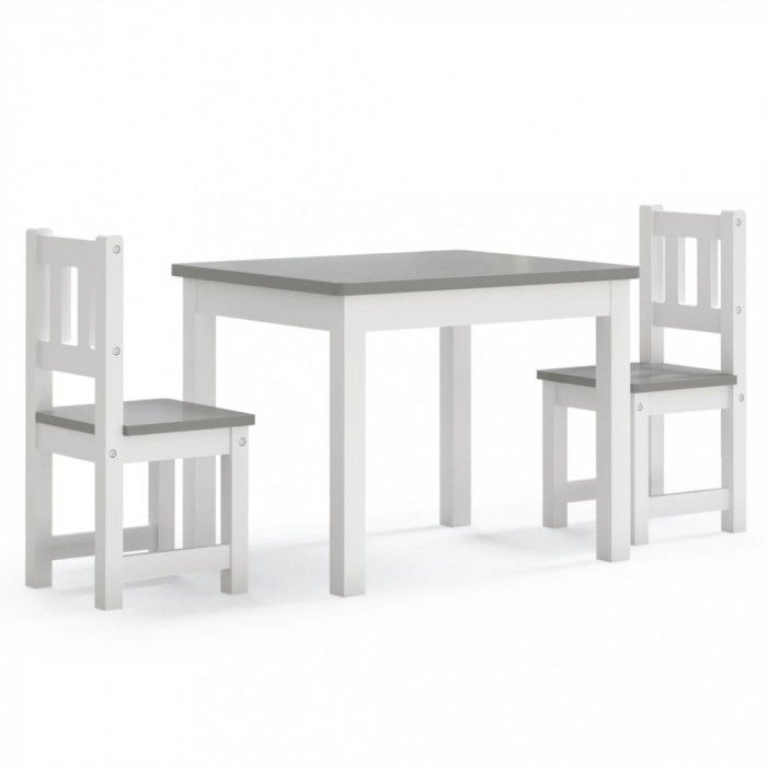 Set masă&amp;scaun pentru copii, 3 piese, alb și gri, MDF