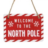 Decorațiune Crăciun din Lemn, Plăcuță &quot;Welcome To The North Pole&quot;, Cu Agățătoare 11x7cm, Roșu-Alb, Oem