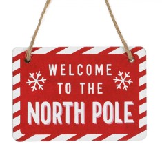 Decorațiune Crăciun din Lemn, Plăcuță &quot;Welcome To The North Pole&quot;, Cu Agățătoare 11x7cm, Roșu-Alb