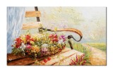 Cumpara ieftin Tablou Cos cu flori pe banca pictat manual living, dormitor, 100x60cm ulei pe panza efect 3D, Valentin Pop