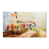 Tablou Cos cu flori pe banca pictat manual living, dormitor, 100x60cm ulei pe panza efect 3D, Valentin Pop