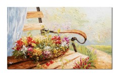 Tablou Cos cu flori pe banca pictat manual living, dormitor, 100x60cm ulei pe panza efect 3D, Valentin Pop