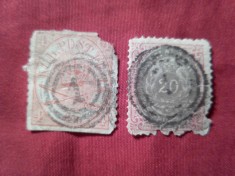 2 Timbre Danemarca 1864 4s carmin si 1875 20o , stampilate , defecte