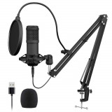 Microfon profesional studio, Condenser, Cardioid, cu stand metalic, Negru, USB, Oem