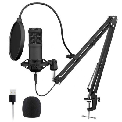 Microfon profesional studio, Condenser, Cardioid, cu stand metalic, Negru foto