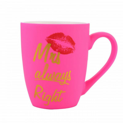 Cana mata din ceramica Pufo Mrs Right, pentru cafea sau ceai, 360 ml, roz foto