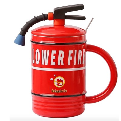 Cana cu capac din ceramica si lingurita Pufo Stop Fire pentru cafea sau ceai, 400 ml, rosu foto