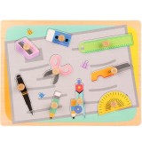 Puzzle Montessori din Lemn pentru Copii, Cyrax, 0-3 Ani, 3D, Model Instrumente Matematice, Educativ, Intuitiv, Creativ, 9 Piese, 30x22.5x0.8 cm, Multi