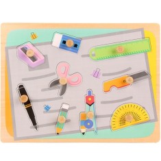 Puzzle Montessori din Lemn pentru Copii, Cyrax, 0-3 Ani, 3D, Model Instrumente Matematice, Educativ, Intuitiv, Creativ, 9 Piese, 30x22.5x0.8 cm, Multi