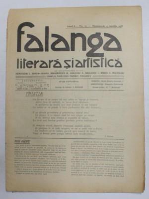 FALANGA LITERARA SI ARTISTICA , ZIAR SAPTAMANAL , ANUL I, NR. 13 , DUMINICA 4 APRILIE , 1910 foto