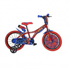 Bicicleta Dino Bikes, 14 inch, 95-115 cm, roti ajutatoare, maxim 50 kg, 4 ani+, model Spiderman, Albastru/Rosu foto